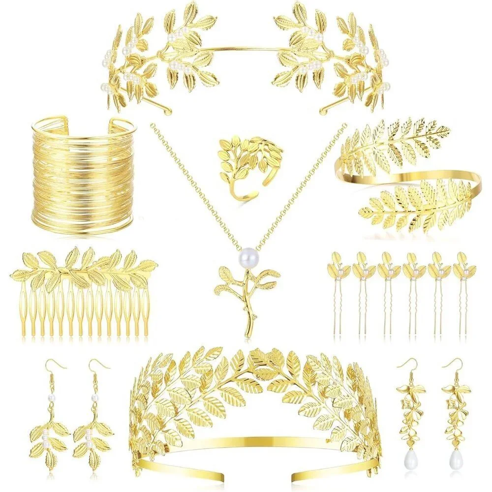 Greek Goddess Accessories Set Gold Laurel Leaf Headband Earrings Necklace